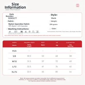 Size chart and fabric details for high-stretch nylon yoga shorts in five colors