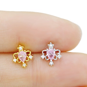 Piercings de nez en forme de cœur avec gemme rose et perle, finitions or et argent