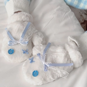 White plush mittens with light blue satin bow and lace details for winter warmth