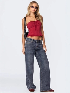 Women's Vintage Blue Low Waist Wide Leg Jeans Loose Fit Baggy Denim Pants Distressed Washed Streetwear Long Trousers