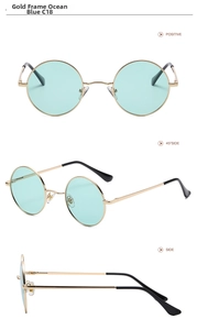 Close-up of retro round gold metal frame sunglasses with ocean blue polarized lenses