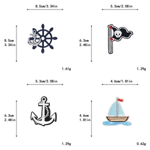Detailed size and weight specs for embroidered nautical patches featuring ship and anchor