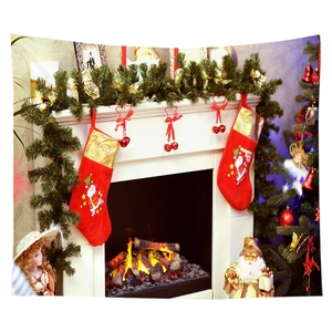Cozy Christmas fireplace tapestry with decorated tree and stockings for wall decor