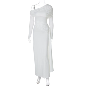 Detail of white asymmetric one-shoulder dress with elegant draping and slim fit details