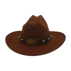 Classic dark brown felt jazz fedora with turquoise leather band and bull head buckle