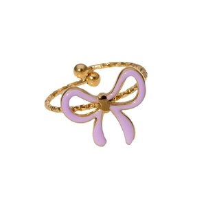 Elegant gold plated stainless steel bow ring with lavender enamel inlay in open design