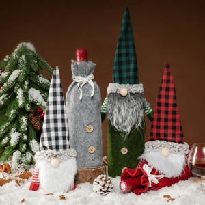 Set of 4 Christmas gnome wine bottle covers in plaid fabric and felt for holiday decor