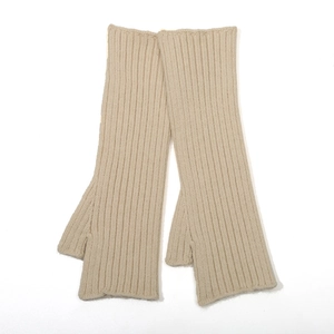 Beige rib-knit long fingerless arm warmers with thumb holes for women in autumn and winter