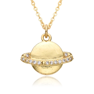 18k gold plated planet necklace pendant with micro-set rhinestones on white background