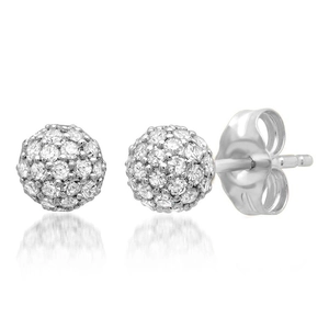 Macro shot of silver ball stud earrings with pavé set cubic zirconia and elegant reflections