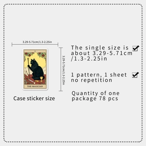 Detail view of cat tarot stickers showing The Magician card size and 78-piece pack set