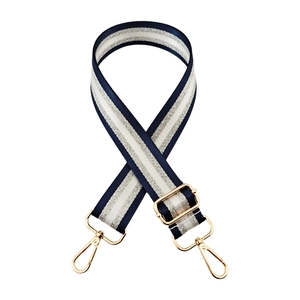 Close-up of adjustable wide shoulder strap with contrast stitching and gold metal buckles