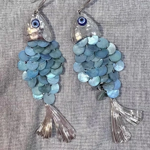 Fish Shape Shell Drop Earrings With Evil Eye Beads Layered Scales Boho Beach Vacation Jewelry For Women