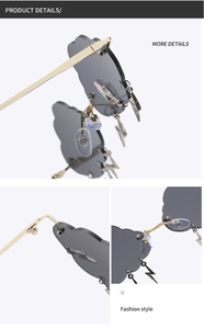 Detail view of cloud-shaped rimless sunglasses featuring hanging lightning pendants