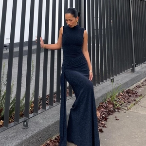 Sleeveless High Neck Maxi Dress Glitter Lurex Ruched Side Tie Slim Fit Mermaid Evening Party Gown