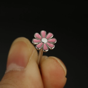 Pink and white enamel flower tongue ring made of stainless steel for body piercing