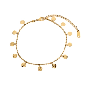 18K gold plated stainless steel anklet featuring beaded chain and sunburst disc charms