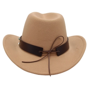Detail of camel felt cowboy hat featuring brown leather band and turquoise bead accents