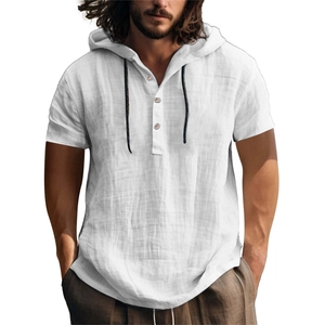Camisa de lino blanco para hombre de manga corta con capucha y cordón