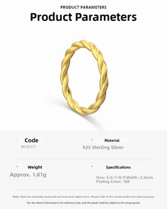 Detail view of 18K gold plated S925 sterling silver twisted ring with technical parameters