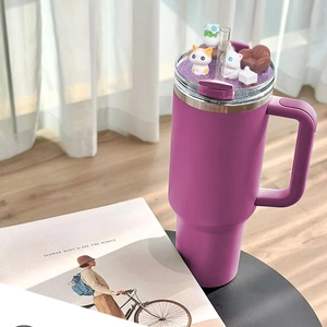 Detail of purple 40oz tumbler lid with cute cat figurines and glitter scenery