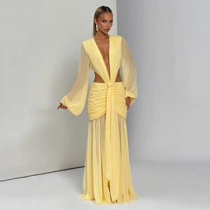Sexy Maxi-Kleid Mit Tiefem V-Ausschnitt Chiffon Hohlsaum Langarm Plissee Rückenfrei Schnürung Einfarbig Sommer Streetwear