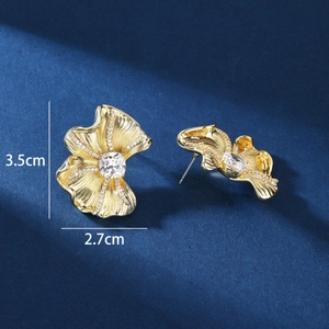 Irregular 18K gold plated ginkgo leaf earrings with large cubic zirconia stone, 3.5cm x 2.7cm