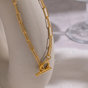 Paperclip Chain Necklace 18K Gold Plated 304 Stainless Steel OT Toggle Clasp Minimalist Waterproof Fashion Jewelry