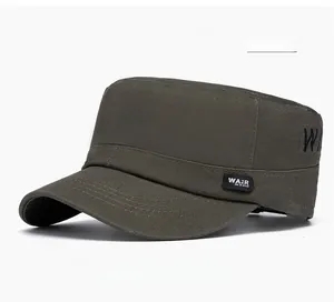 Detailed view of military green flat top cap with high density cotton canvas and side patch