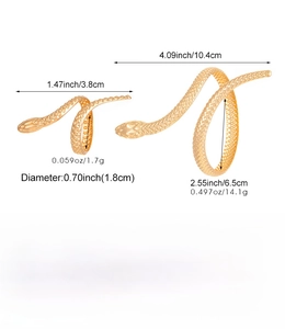 Detailed size chart for the golden snake bracelet and ring set showing dimensions and weight