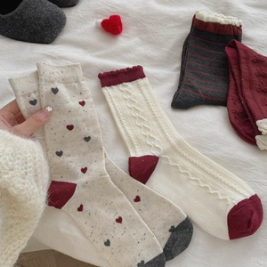 Cozy winter cotton mid-calf socks set with heart patterns and cable knit textures