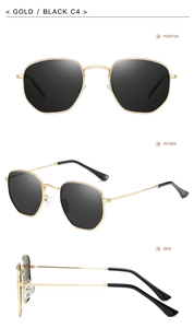 Detailed views of irregular gold metal sunglasses with black polarized lenses C4