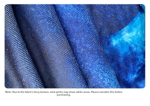 Close-up of deep blue starry night print on thick, absorbent terry cloth fabric