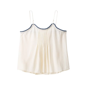 Chic cream camisole with blue pleated trim and vertical pleats on a white background