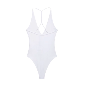 Flat lay of a white plunging V-neck backless bodysuit with thin spaghetti straps