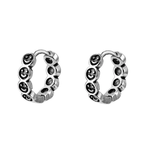 Vintage stainless steel hoop earrings for men featuring engraved smiley faces