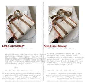 Detailed size comparison of large and small canvas tote bags with adjustable brown straps