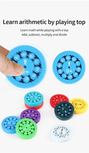 Close-up of children's colorful math fidget spinners showing rotating arithmetic operation