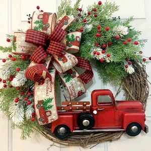 Christmas Wreath Red Truck Garland With Pine Needles Red Berries Plaid Bow Merry Christmas Ribbon Farmhouse Door Hanging