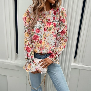 Women Floral Print Chiffon Blouse Smocked Round Neck Ruffle Long Sleeve Casual Commuter Elegant Pullover Top