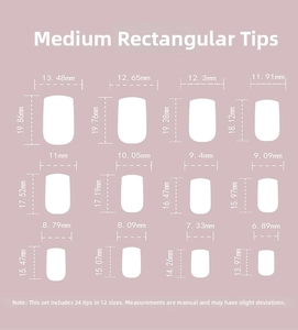 Detailed size chart for square press-on nails showing 12 different width and length dimensions