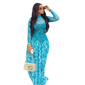 Slim fit long sleeve floral print dress with high neck and flared A-line silhouette