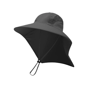 Dark grey outdoor sun hat with wide brim, neck flap and breathable mesh for fishing