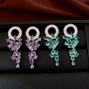 Vintage Palace Style Cluster Zircon Dangle Earrings With Silver Earring Post Pear Shape Large Tassel Jewelry For Women