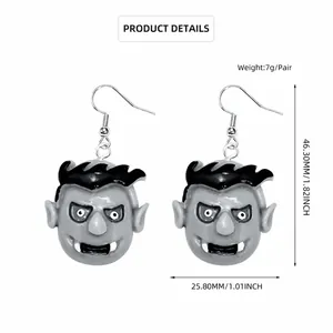 Detailed view showing dimensions of monster vampire earrings made of silver plated copper