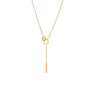 Elegant gold titanium necklace featuring interlocking squares and long fringe bar pendant