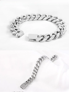 Macro shot of 13mm silver cuban link bracelet with durable square box clasp mechanism
