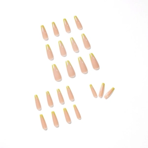 Long coffin neon green French tip press-on nails with nude pink base, 24 piece set