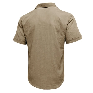 Men's khaki cotton linen short sleeve Hawaiian beach shirt shown from the back view