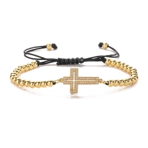 Adjustable 18K gold plated beaded bracelet with sparkling zircon cross charm and black cord